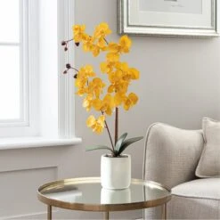 Dunelm Artificial Orchid Ochre In Grey Pot 56cm