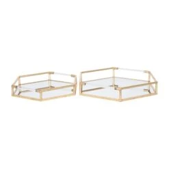 Pacific Lifestyle Set Of 2 Metal & Mirrored Gold Trays -Decoration Store 30803397 alt02